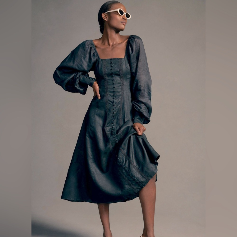 NWT ANTHROPOLOGIE. Joslin Mahler Linen Ramie Midi Dress. Size: 12 US